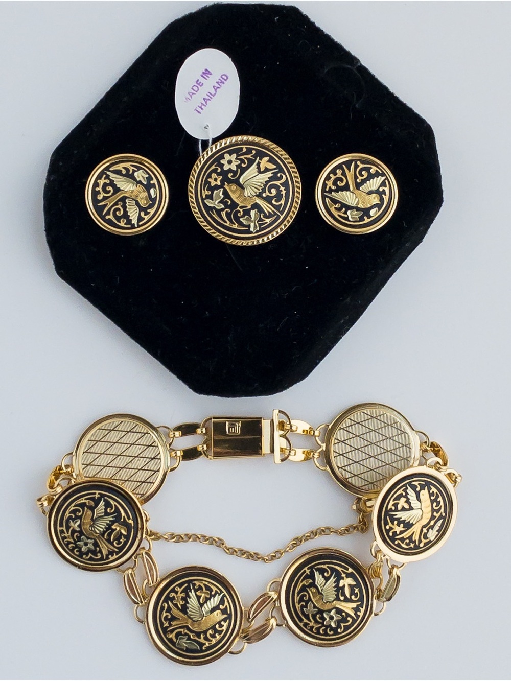 Vintage Damascene Medallion Jewelry Set IA Midas Toledo Spain Gold Tone & Enamel